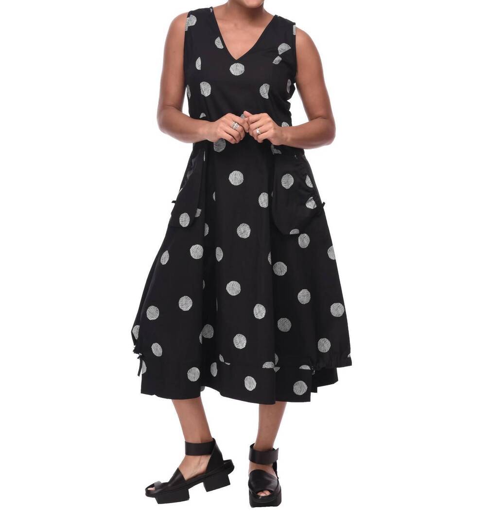 NEW TULIP CLOTHING annie sleeveless adjustable back dress in black thumbprint